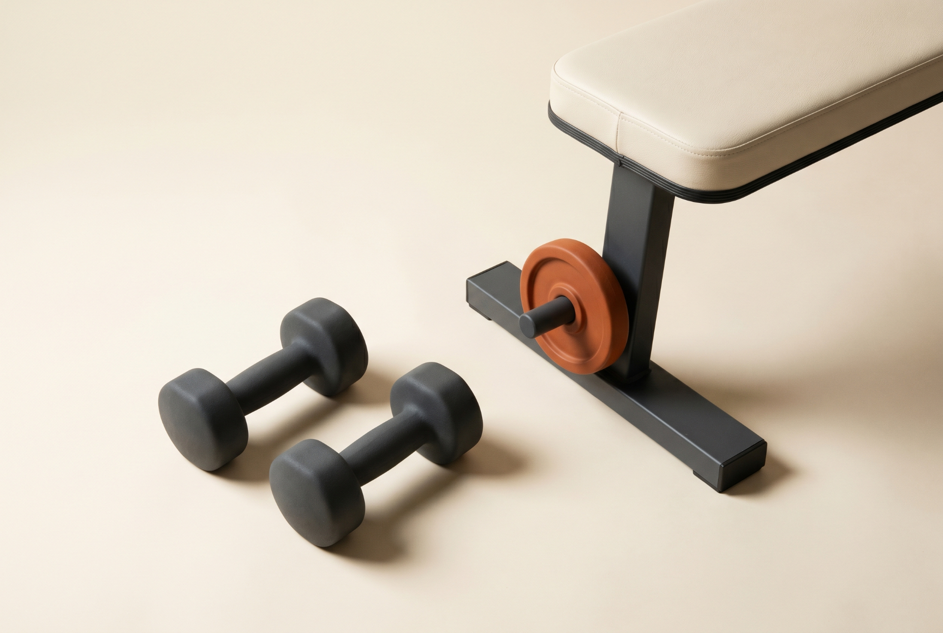 Dumbbells next to a weight bench