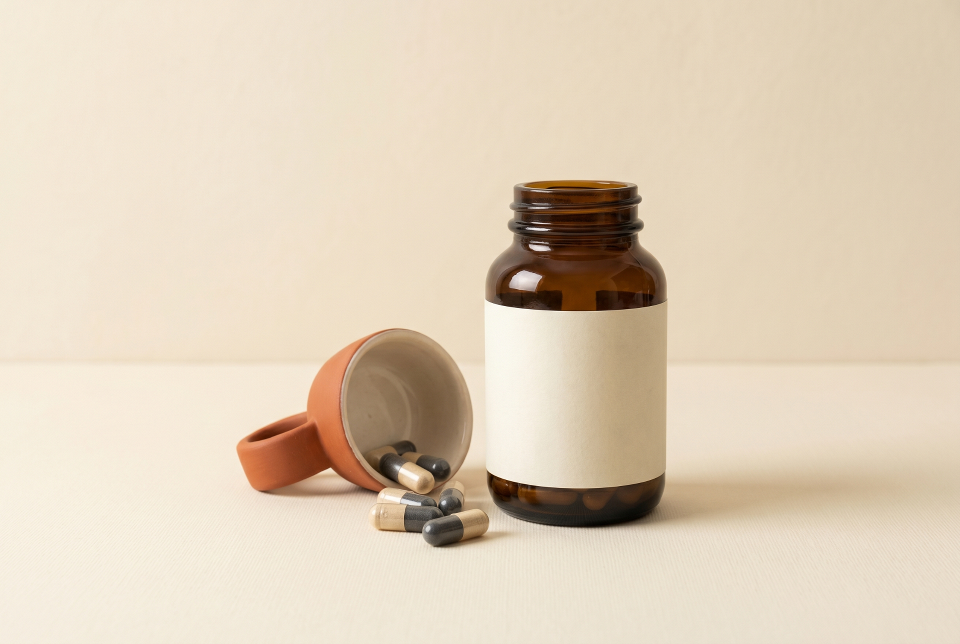 Amber supplement bottle with capsules