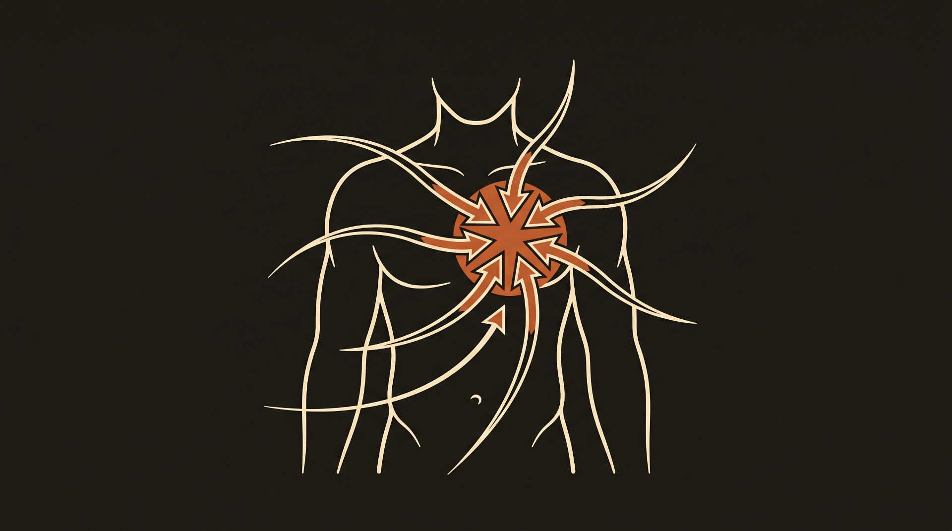 Illustration of a male torso with arrows converging on the chest